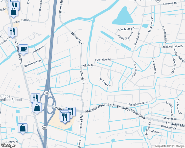 map of restaurants, bars, coffee shops, grocery stores, and more near 381 Etheridge Road in Chesapeake