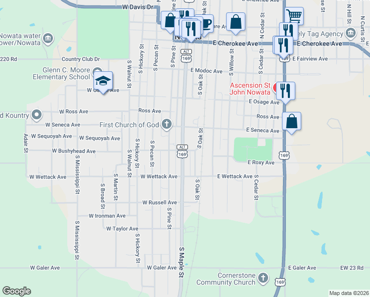 map of restaurants, bars, coffee shops, grocery stores, and more near 445 South Maple Street in Nowata