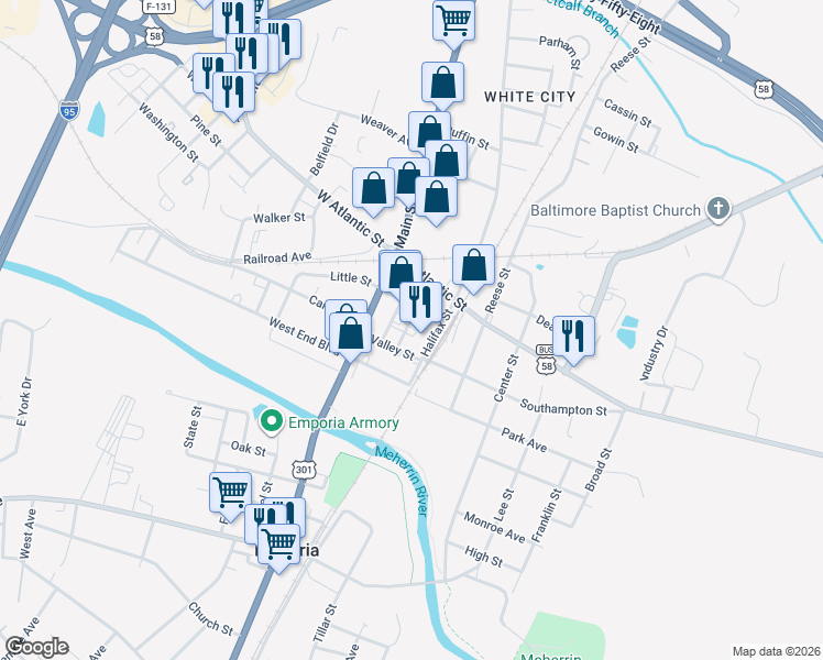 map of restaurants, bars, coffee shops, grocery stores, and more near 107 Valley Street in Emporia