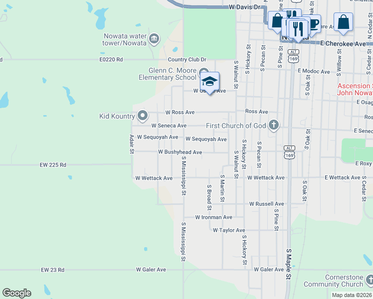 map of restaurants, bars, coffee shops, grocery stores, and more near 447 South Mississippi Street in Nowata