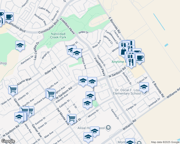 map of restaurants, bars, coffee shops, grocery stores, and more near 16 Bernardo Circle in Salinas