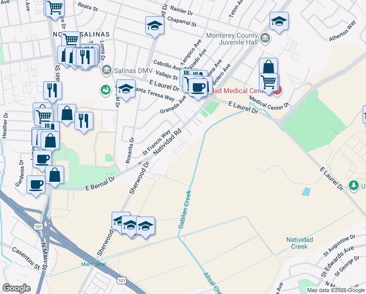 map of restaurants, bars, coffee shops, grocery stores, and more near 14A Lunsford Drive in Salinas