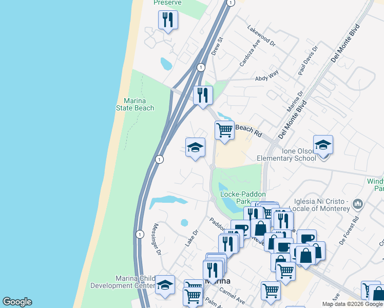 map of restaurants, bars, coffee shops, grocery stores, and more near 136 Cypress Grove Court in Marina