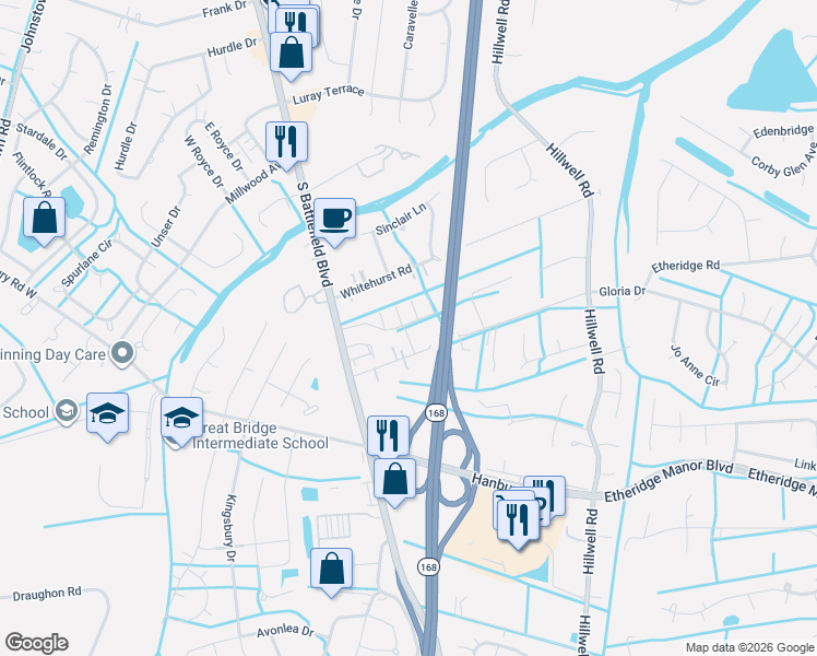 map of restaurants, bars, coffee shops, grocery stores, and more near 209 Hodges Road in Chesapeake
