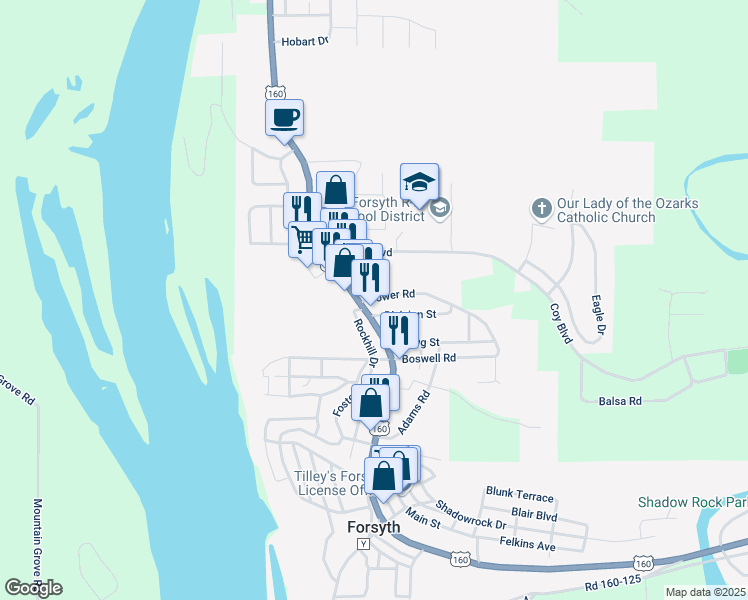 map of restaurants, bars, coffee shops, grocery stores, and more near 15709 U.S. 160 in Forsyth