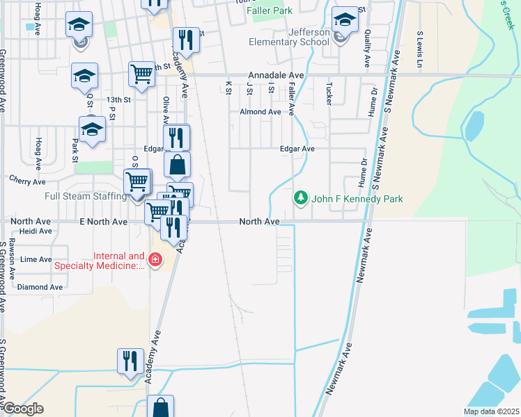 map of restaurants, bars, coffee shops, grocery stores, and more near 1740 J Street in Sanger