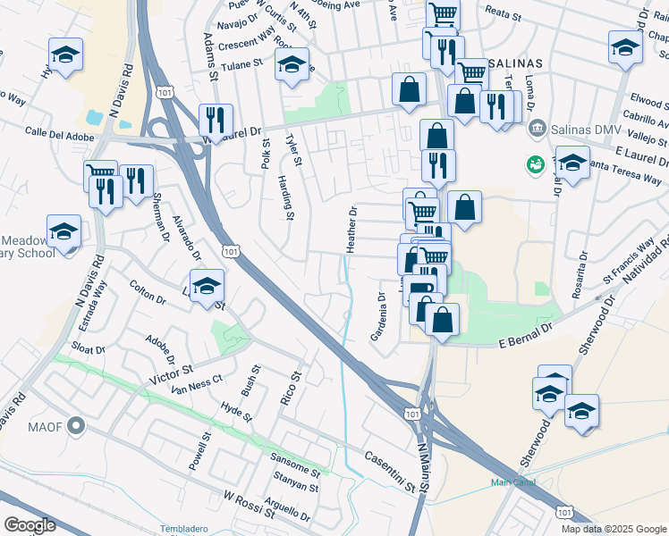 map of restaurants, bars, coffee shops, grocery stores, and more near 349 Iris Drive in Salinas