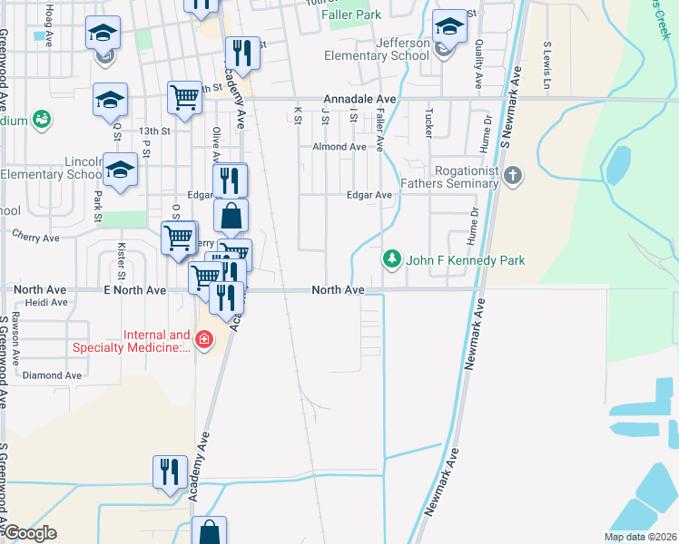 map of restaurants, bars, coffee shops, grocery stores, and more near 1740 J Street in Sanger