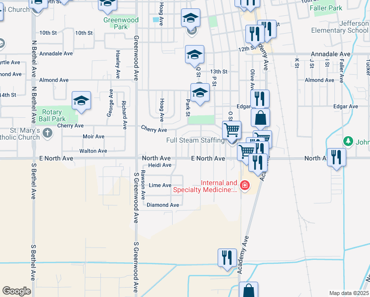 map of restaurants, bars, coffee shops, grocery stores, and more near 1722 West Metzler Drive in Sanger