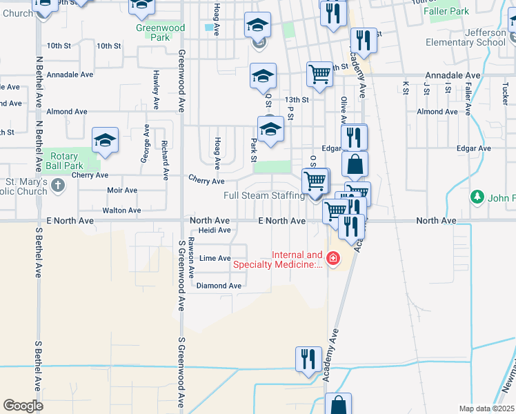 map of restaurants, bars, coffee shops, grocery stores, and more near 1722 West Metzler Drive in Sanger