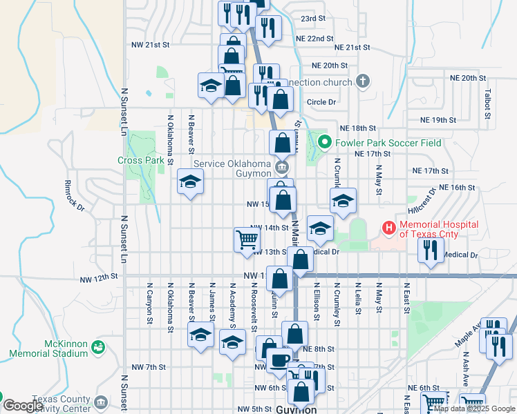 map of restaurants, bars, coffee shops, grocery stores, and more near 1423 North Roosevelt Street in Guymon