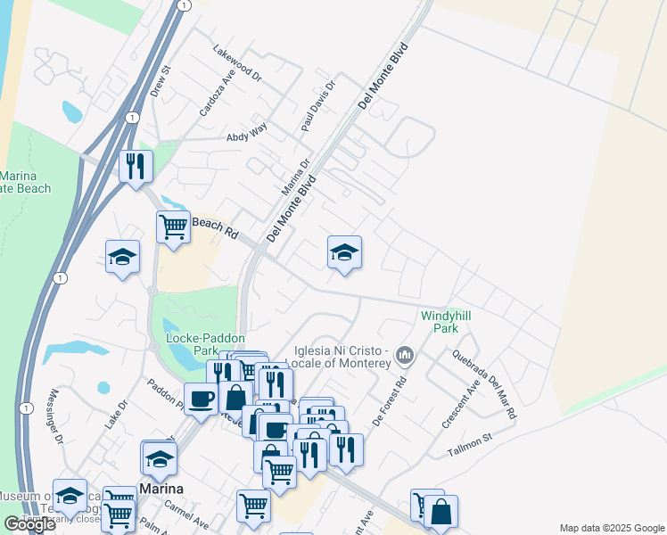 map of restaurants, bars, coffee shops, grocery stores, and more near 3268 Michael Drive in Marina