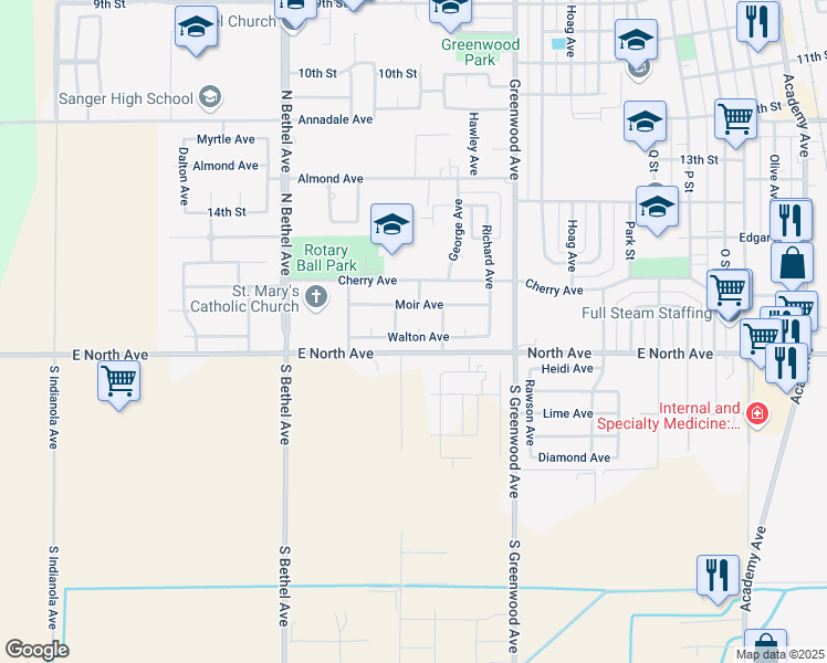 map of restaurants, bars, coffee shops, grocery stores, and more near 2234 Walton Avenue in Sanger