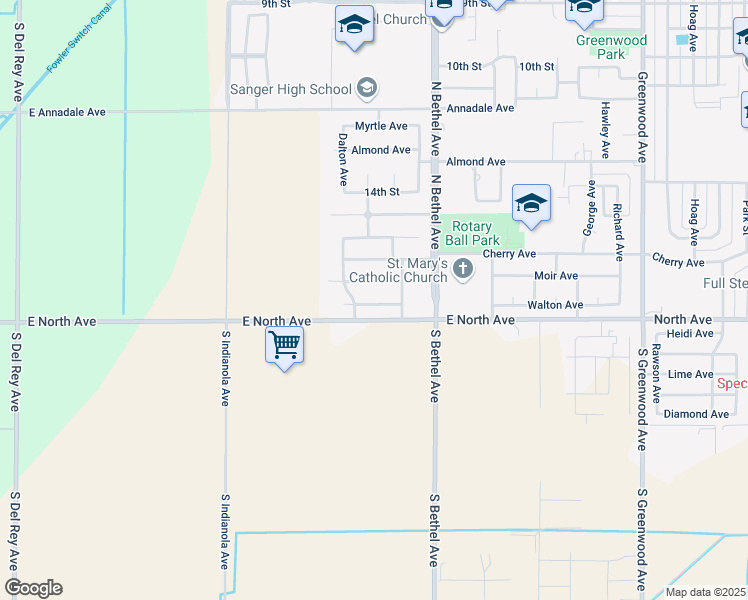 map of restaurants, bars, coffee shops, grocery stores, and more near 2778 Walton Avenue in Sanger
