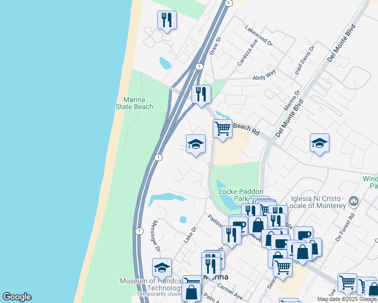map of restaurants, bars, coffee shops, grocery stores, and more near 136 Cypress Grove Court in Marina