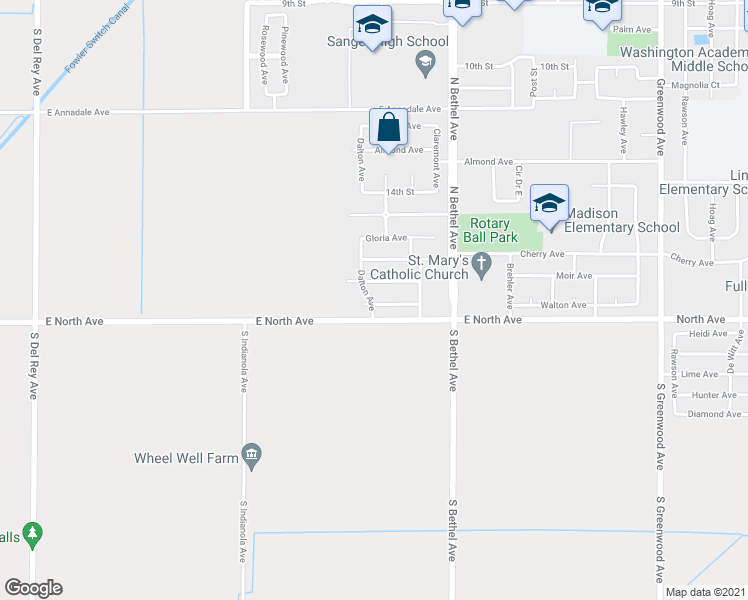map of restaurants, bars, coffee shops, grocery stores, and more near 2828 Walton Avenue in Sanger