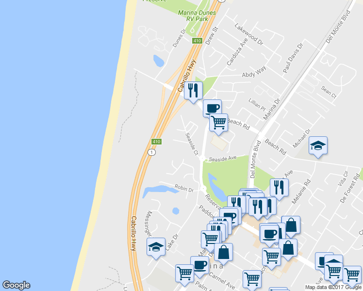 map of restaurants, bars, coffee shops, grocery stores, and more near 136 Cypress Grove Court in Marina