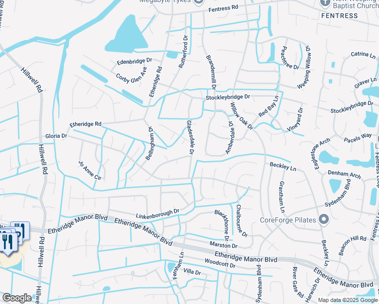map of restaurants, bars, coffee shops, grocery stores, and more near 624 Gladesdale Drive in Chesapeake
