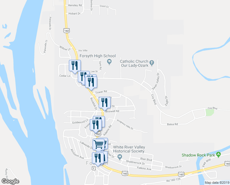 map of restaurants, bars, coffee shops, grocery stores, and more near 192 Tower Rd in Forsyth