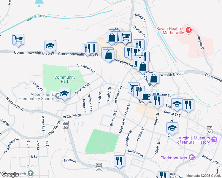 map of restaurants, bars, coffee shops, grocery stores, and more near 215 Central Street in Martinsville