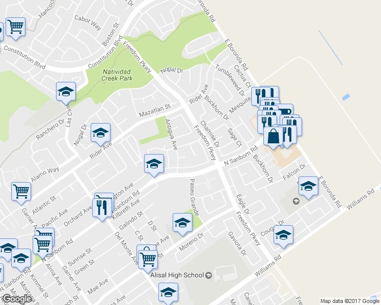 map of restaurants, bars, coffee shops, grocery stores, and more near 16 Bernardo Circle in Salinas