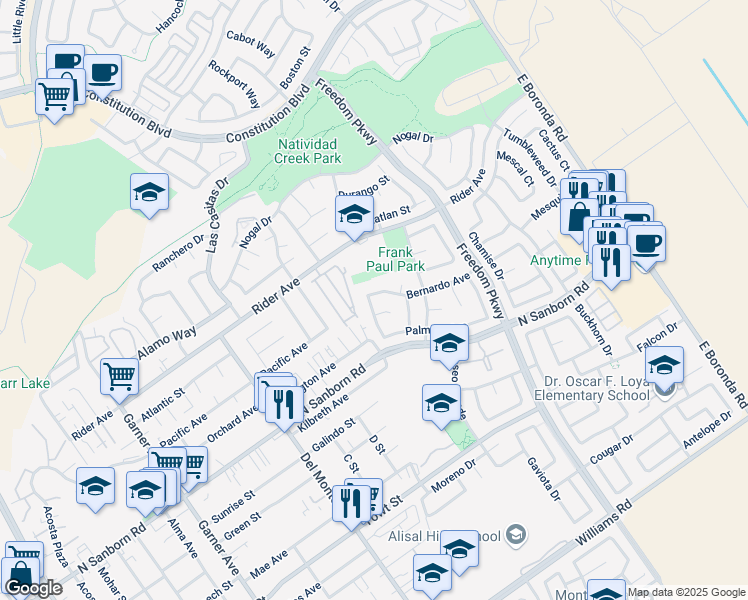 map of restaurants, bars, coffee shops, grocery stores, and more near 1320 Bernardo Avenue in Salinas