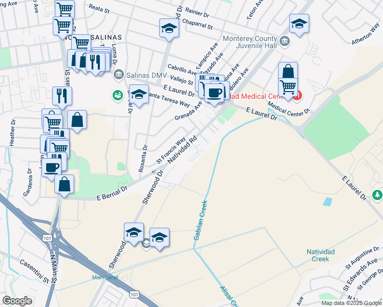 map of restaurants, bars, coffee shops, grocery stores, and more near 14A Lunsford Drive in Salinas