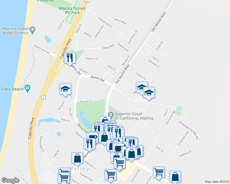 map of restaurants, bars, coffee shops, grocery stores, and more near 204 Beach Road in Marina