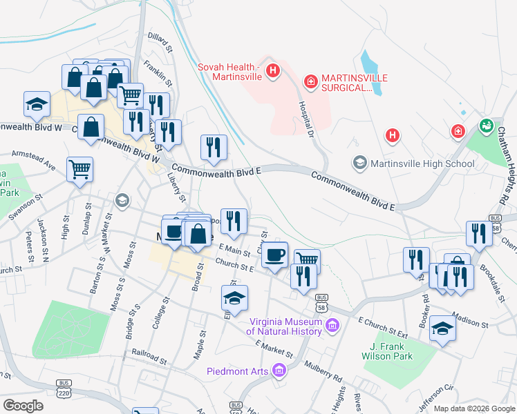 map of restaurants, bars, coffee shops, grocery stores, and more near 200 Lester Street in Martinsville