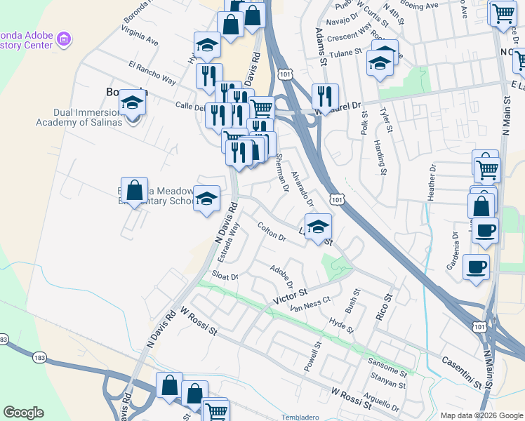map of restaurants, bars, coffee shops, grocery stores, and more near 988 Stokes Way in Salinas