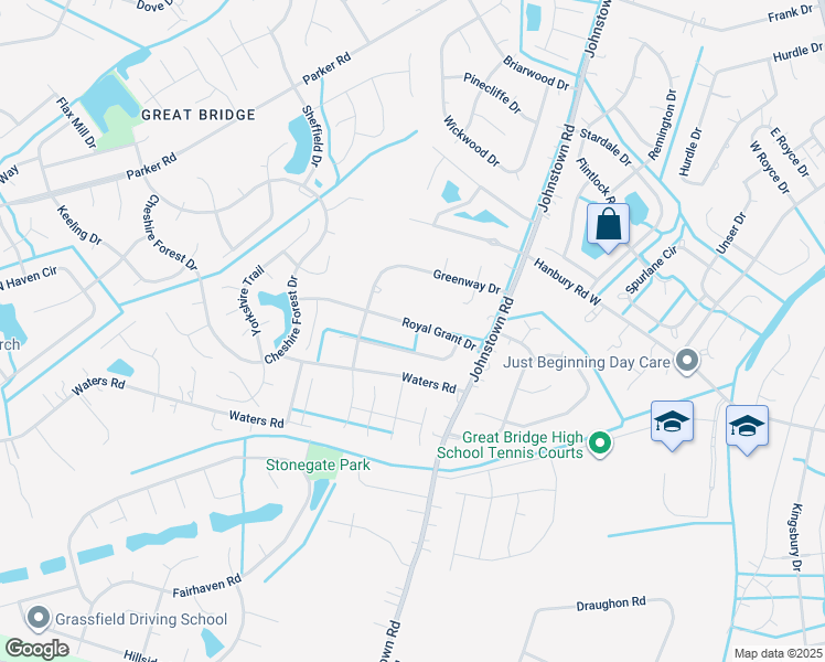 map of restaurants, bars, coffee shops, grocery stores, and more near 531 Royal Grant Drive in Chesapeake