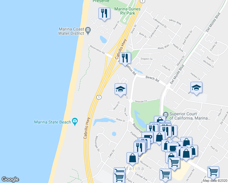 map of restaurants, bars, coffee shops, grocery stores, and more near 128 Cypress Grove Court in Marina