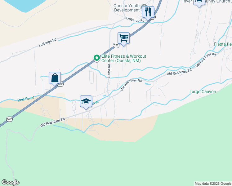 map of restaurants, bars, coffee shops, grocery stores, and more near Lower Embargo Road in Questa