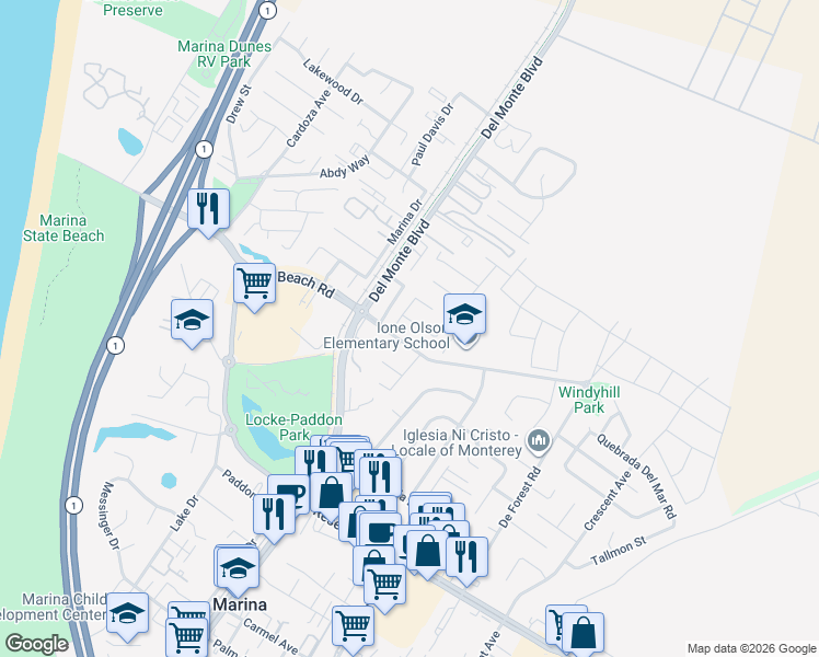 map of restaurants, bars, coffee shops, grocery stores, and more near 228 Michael Drive in Marina