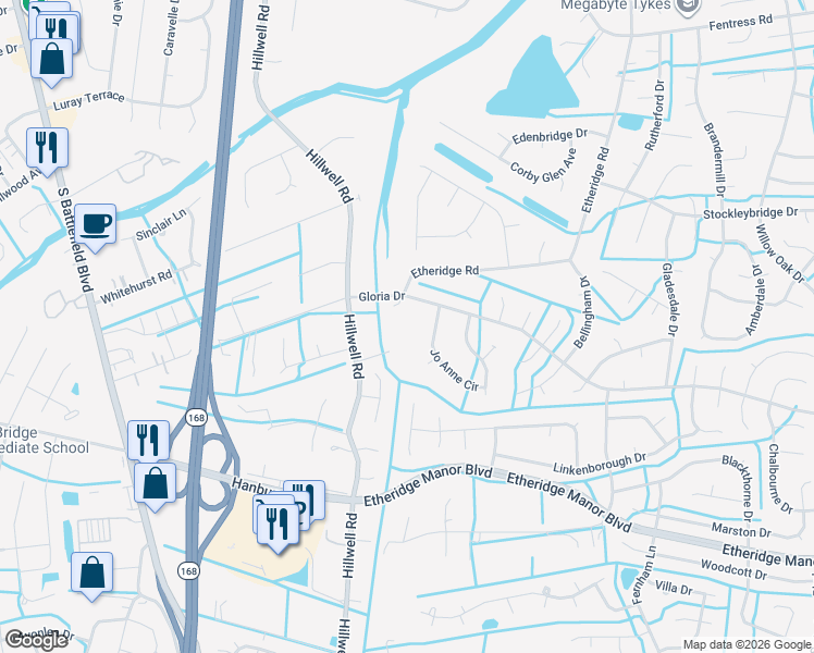 map of restaurants, bars, coffee shops, grocery stores, and more near 381 Etheridge Road in Chesapeake