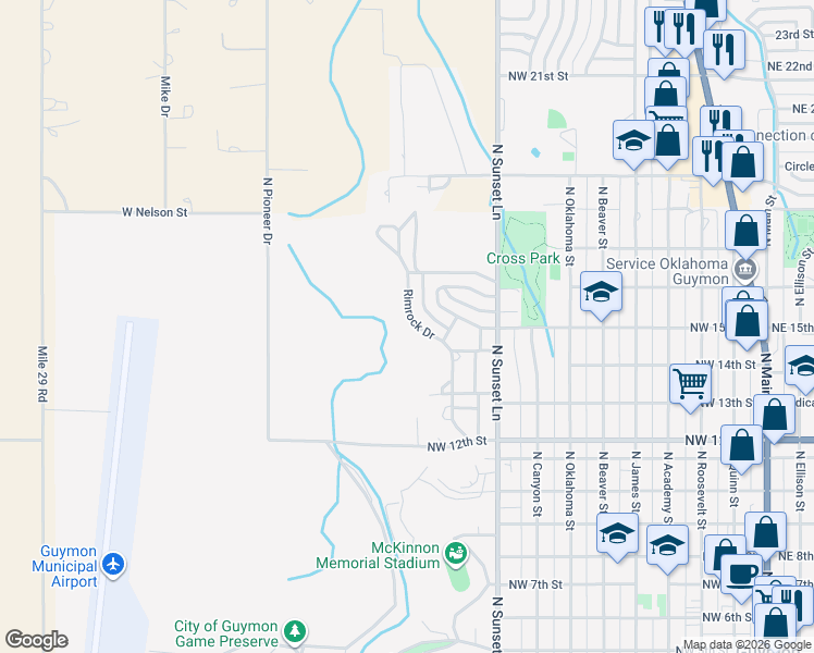 map of restaurants, bars, coffee shops, grocery stores, and more near 1420 Rimrock Drive in Guymon