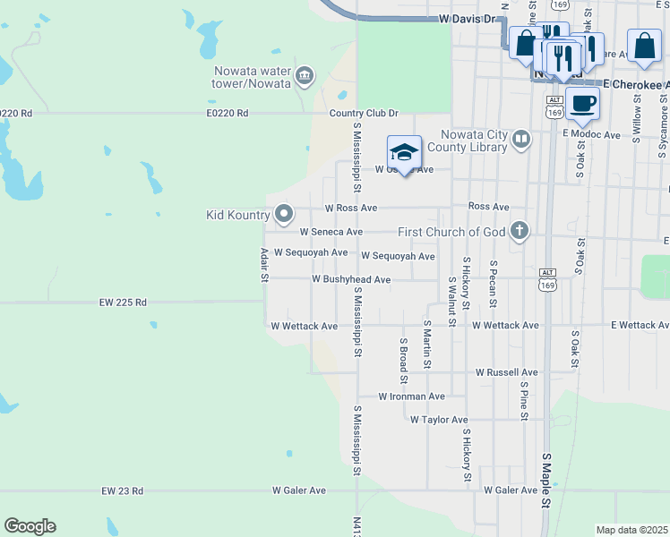 map of restaurants, bars, coffee shops, grocery stores, and more near 436 South Joe Street in Nowata