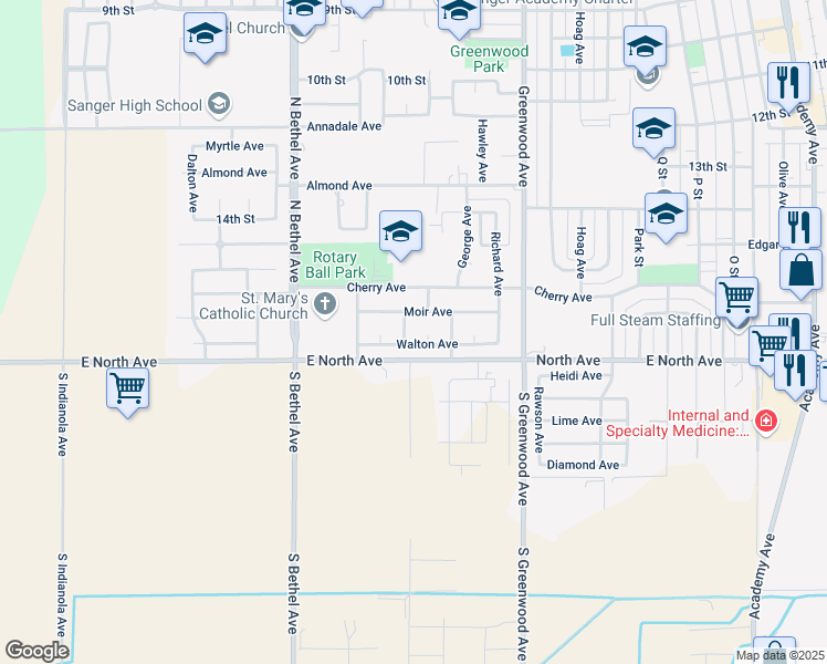 map of restaurants, bars, coffee shops, grocery stores, and more near 2234 Walton Avenue in Sanger