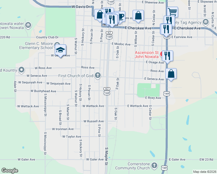 map of restaurants, bars, coffee shops, grocery stores, and more near 445 South Maple Street in Nowata