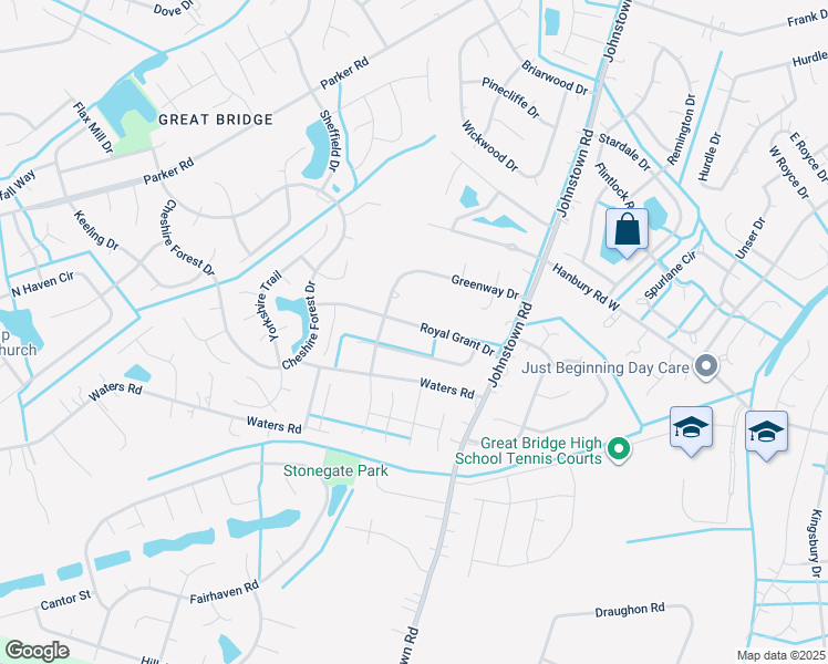 map of restaurants, bars, coffee shops, grocery stores, and more near 539 Royal Grant Drive in Chesapeake
