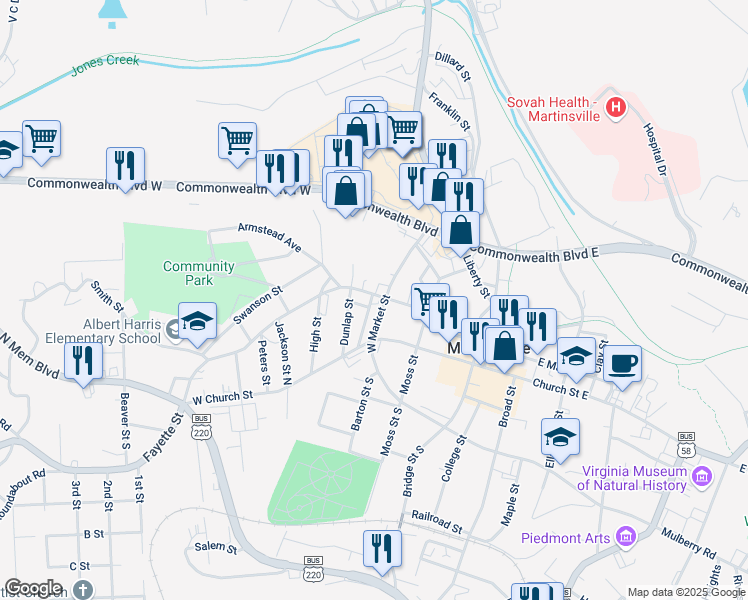 map of restaurants, bars, coffee shops, grocery stores, and more near 215-217 Center in Martinsville