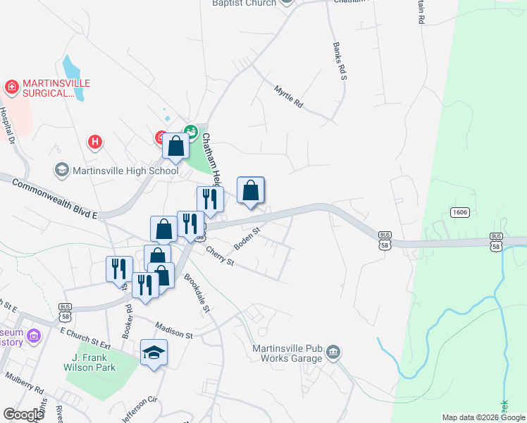 map of restaurants, bars, coffee shops, grocery stores, and more near 989 Church street East in Martinsville