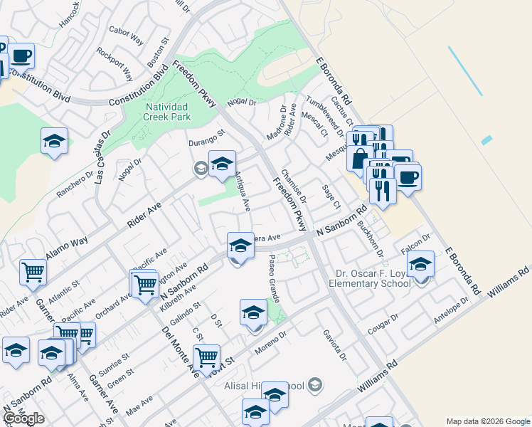 map of restaurants, bars, coffee shops, grocery stores, and more near 16 Bernardo Circle in Salinas