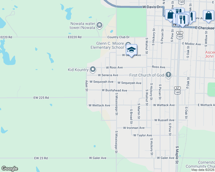 map of restaurants, bars, coffee shops, grocery stores, and more near 436 South Joe Street in Nowata
