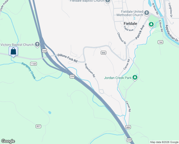 map of restaurants, bars, coffee shops, grocery stores, and more near 112 Kogertown Road in Fieldale
