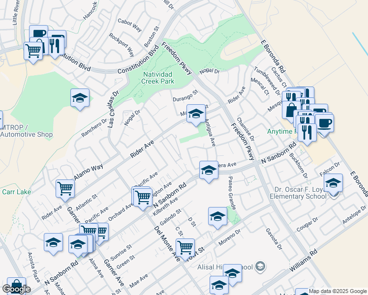 map of restaurants, bars, coffee shops, grocery stores, and more near 1301 Bernardo Avenue in Salinas