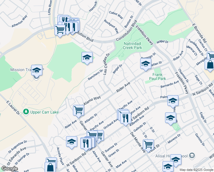 map of restaurants, bars, coffee shops, grocery stores, and more near Las Casitas Dr & Nogal Dr in Salinas