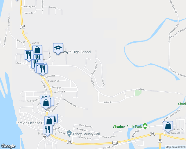 map of restaurants, bars, coffee shops, grocery stores, and more near 160 Eagle Drive in Forsyth