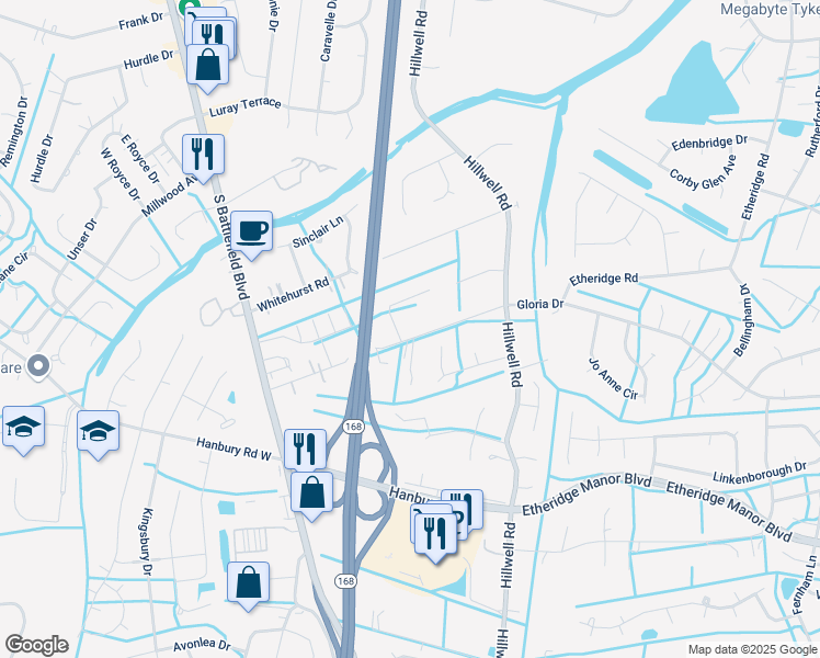 map of restaurants, bars, coffee shops, grocery stores, and more near 249 Etheridge Road in Chesapeake