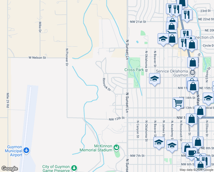 map of restaurants, bars, coffee shops, grocery stores, and more near 1420 Rimrock Drive in Guymon